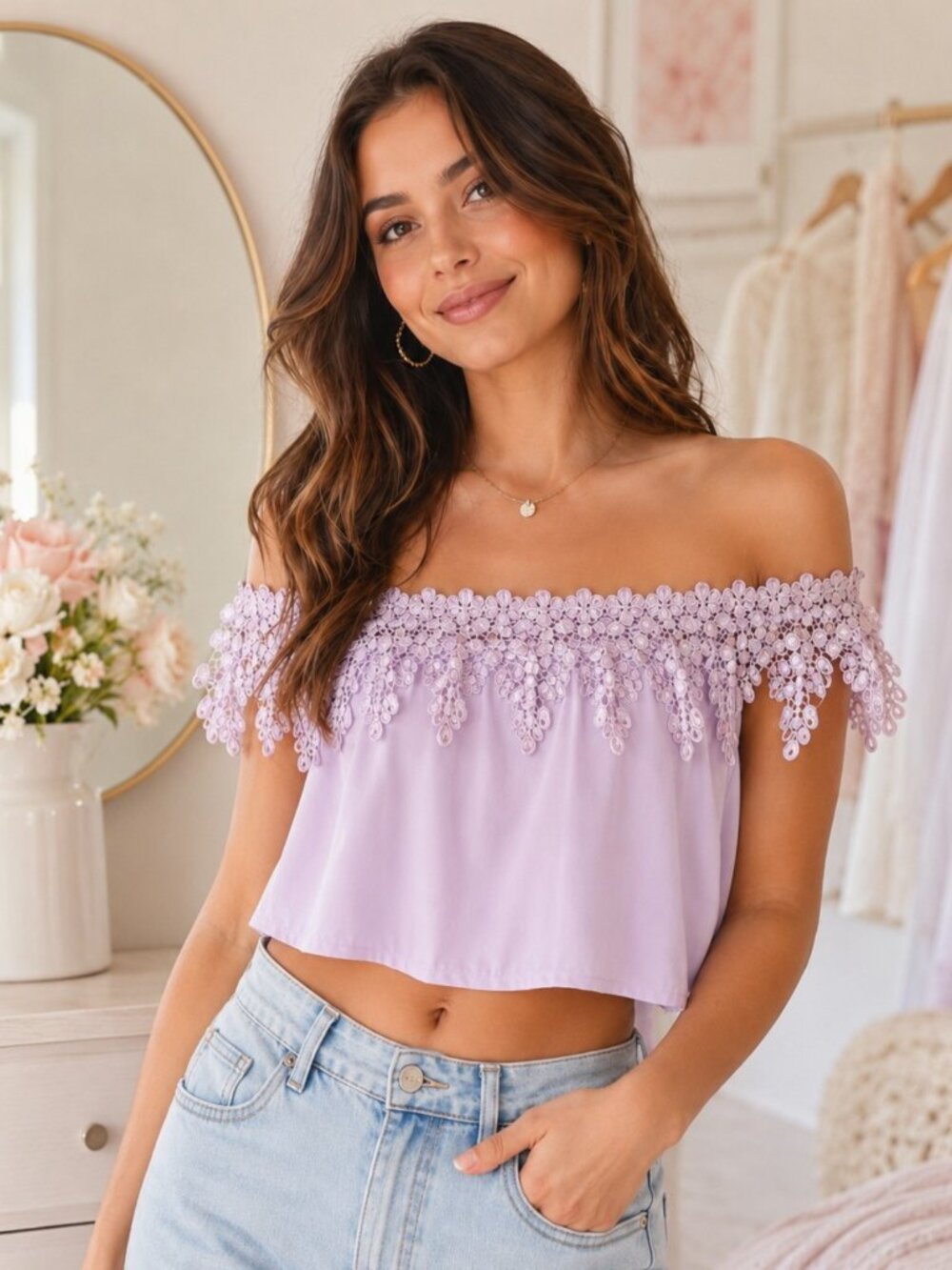 Tobi Lavender Lace Off Shoulder Flowy Crop Top Size S